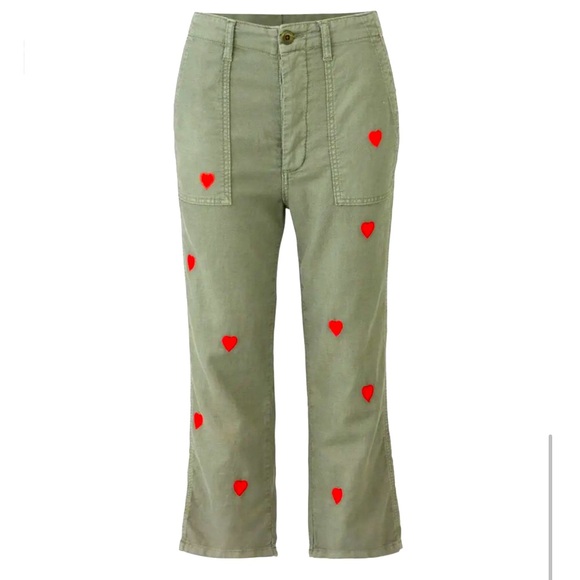 🌴🤩 THE GREAT OLIVE GREEN CROPPED PANTS W/ HEART ❤️ EMBROIDERY. SIZE 27🙌 - Picture 4 of 14